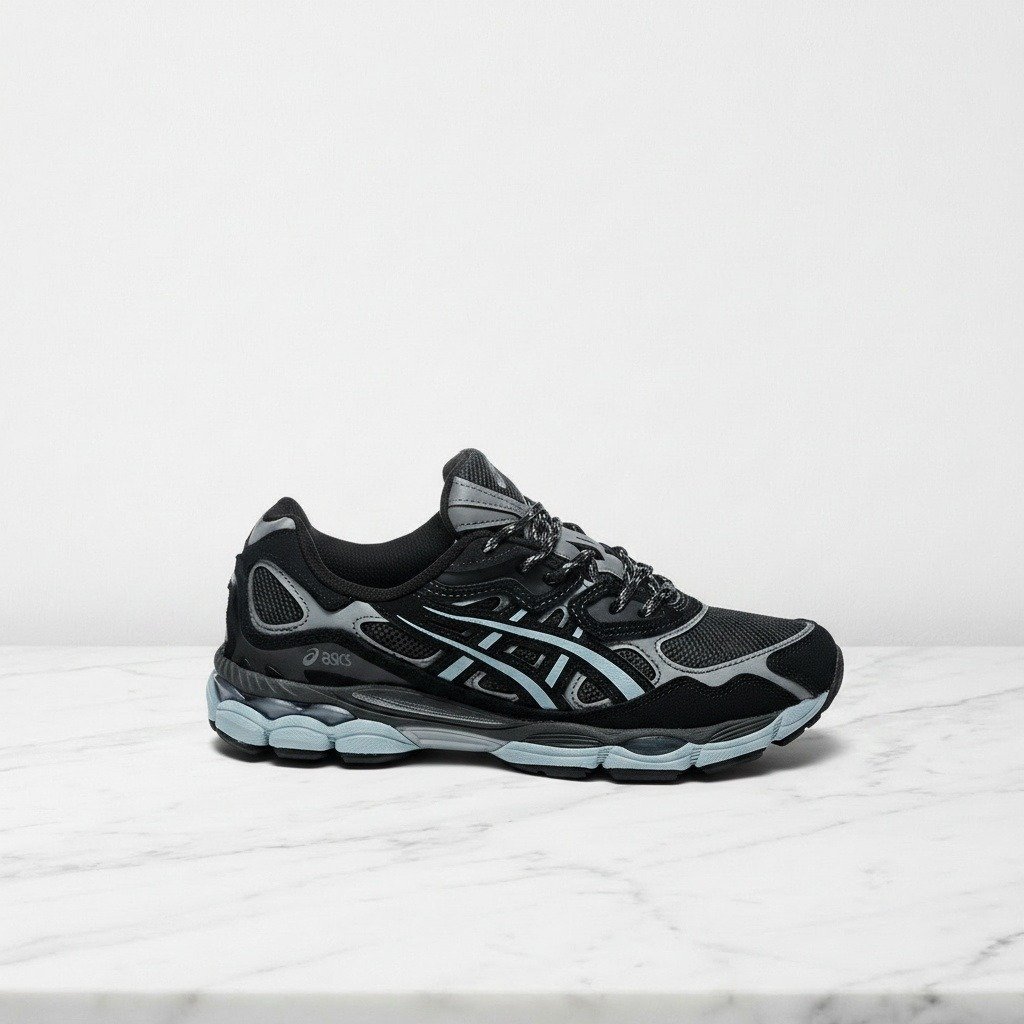 Buty sportowe ASICS GEL-NYC atmos Laguna Gem Blue Topaz, wygodne sneakersy unisex na co dzień, siatka i zamsz, czarno-szare 1203A577-001