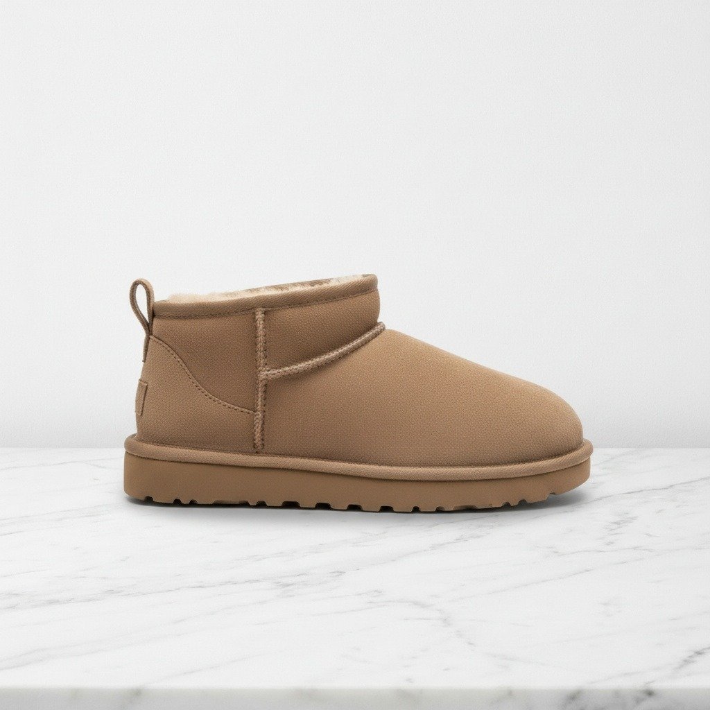 Wygodne śniegowce na co dzień, UGG Classic Ultra Mini Portobello, zamszowe z futrem, damskie, beżowo brązowe, 1116109-PRTBL