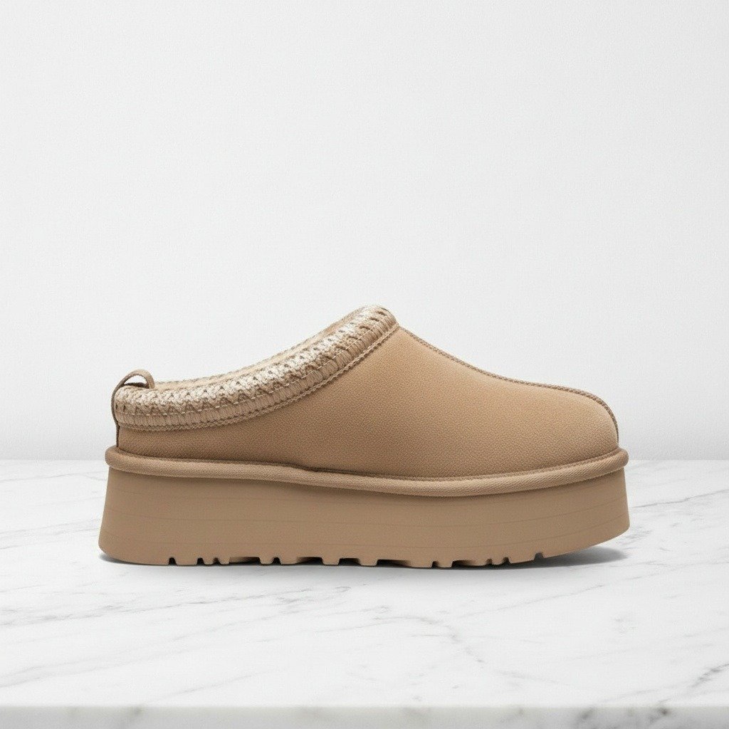 Wygodne kapcie damskie UGG Tazz Slippers, beżowy zamsz z futrem, idealne na co dzień w domu 1122553-SAN