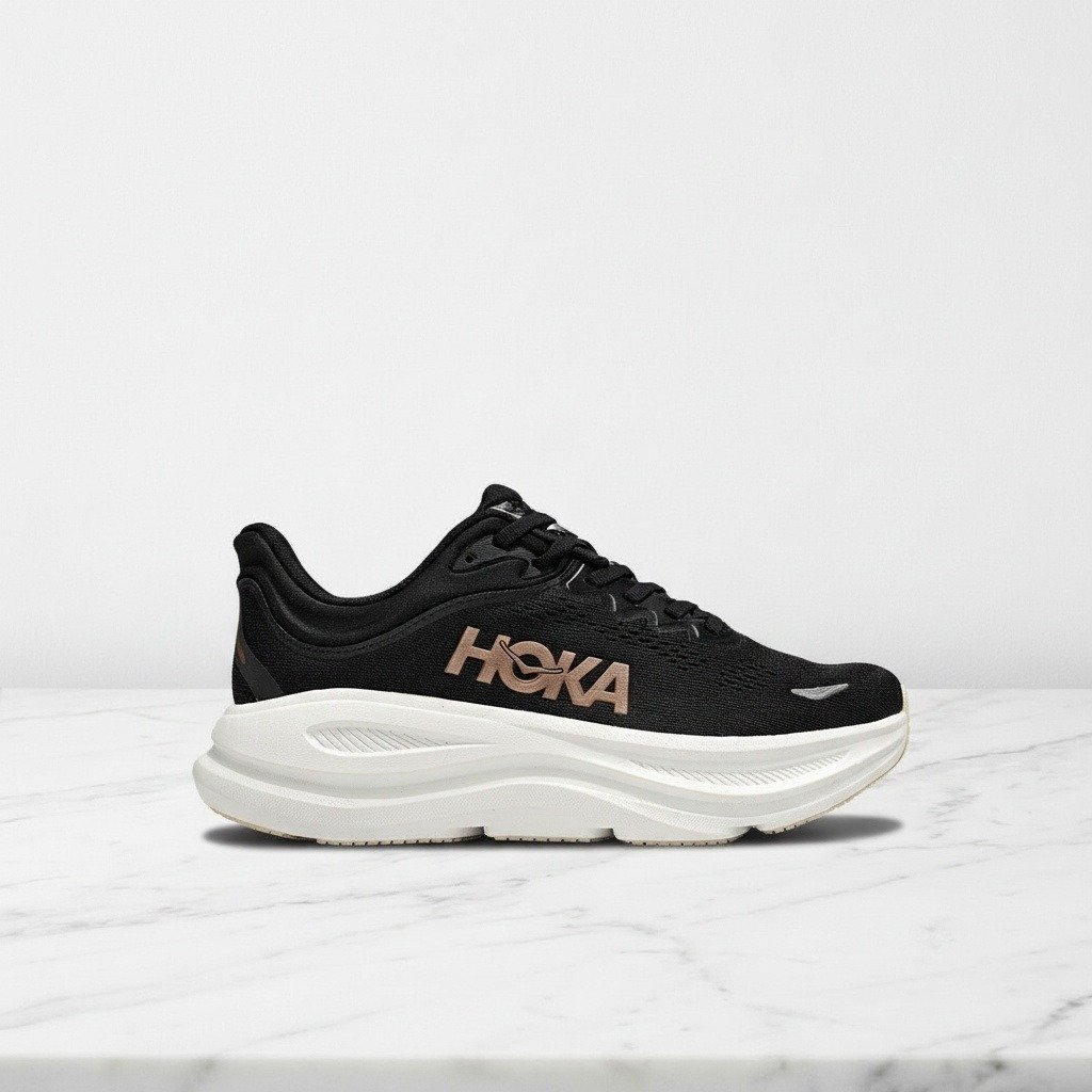 Hoka Bondi 9 Black Gold, wygodne sneakersy unisex na co dzień, maksymalna amortyzacja, przewiewna cholewka, 1162012-BRGL
