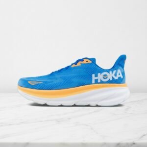 Hoka One Clifton 9 Coastal Sky, wygodne sneakersy unisex na co dzień, niebiesko-pomarańczowe, siatka i syntetyk, 1127895-CSAA