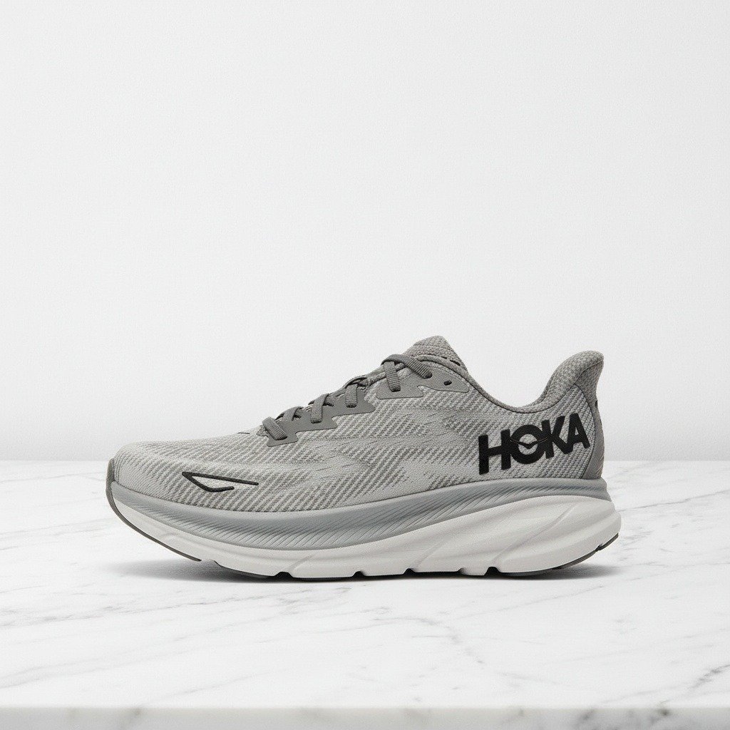 Hoka Clifton 9 na co dzień, szaro białe sneakersy unisex, lekkie i wygodne na długi dzień, 1127895-HMBC