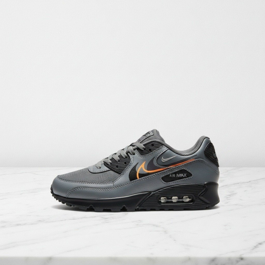 Buty na co dzień Nike Air Max 90 Smoke Grey Black Bright Mandarin, wygodne sneakersy unisex w kolorze szaro czarnym, skóra i tekstyl FN7810-001