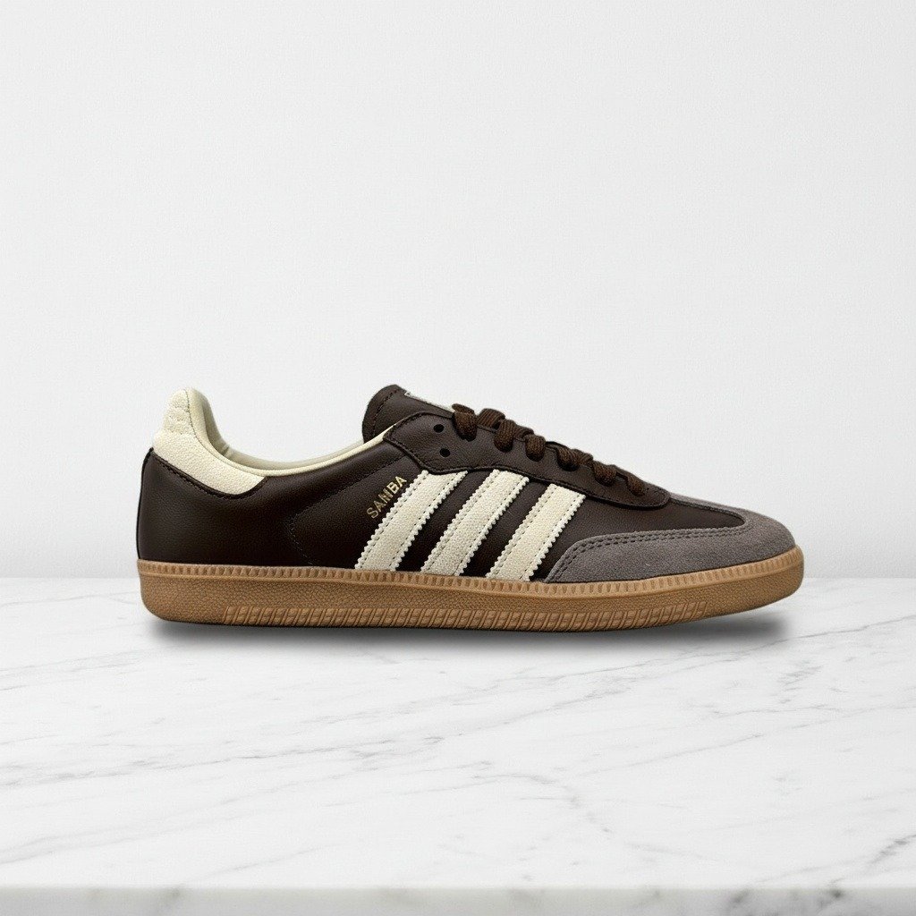 Buty Adidas Samba OG na co dzień, unisex, brązowo szare ze złotymi detalami, wygodne i uniwersalne, ID1481