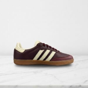 Buty na co dzień Adidas Samba OG W, bordowo kremowe, skóra z zamszem, złote akcenty, pasują do wielu stylizacji ID0477
