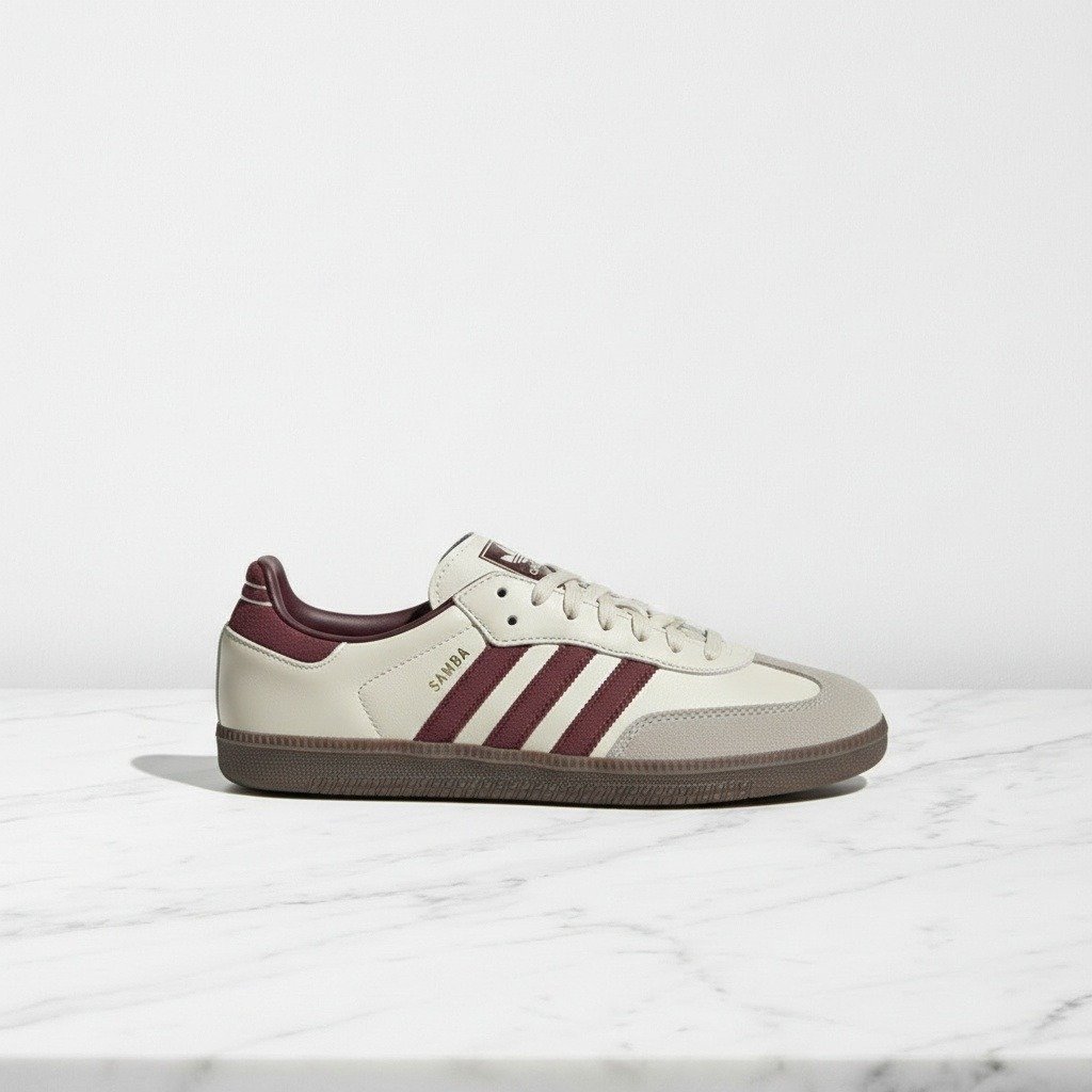 Buty Adidas Samba OG na co dzień, kolorystyka Putty Grey Maroon Gold Metallic, beżowo bordowe, wygodne, sznurowane, unisex ID1482