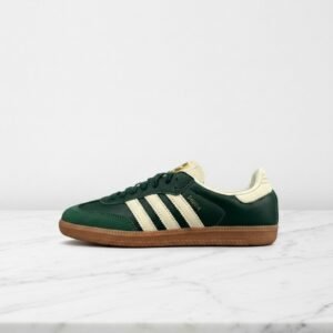Adidas Samba OG na co dzień, zielone sneakersy unisex z kremowymi wstawkami i złotymi akcentami, skóra i zamsz, wygodna gumowa podeszwa IE0872