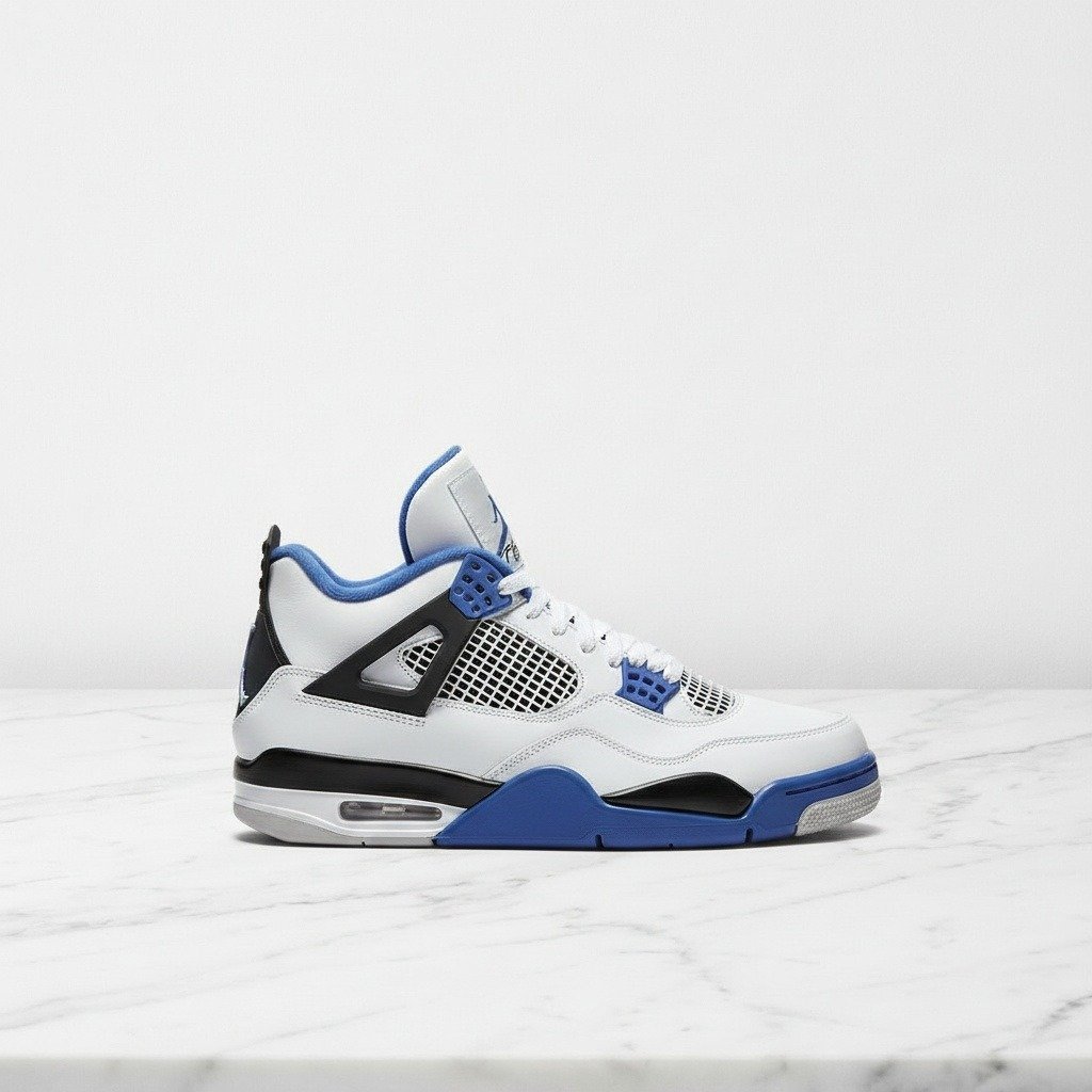 Buty Air Jordan 4 Motor Sport na co dzień, wygodne sneakersy unisex, biało-niebieskie, skórzane, 308497-117