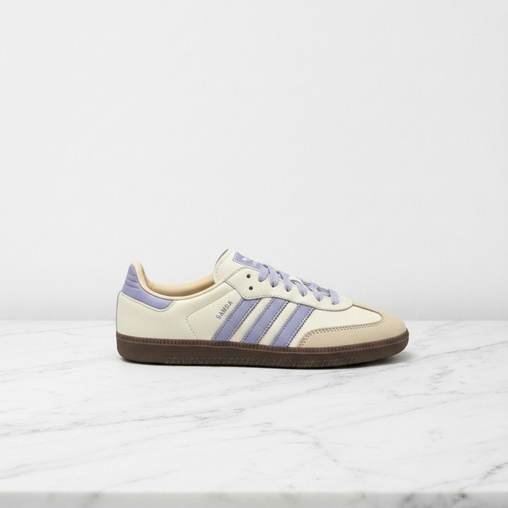 Buty damskie Adidas Samba OG w kremowo fioletowym kolorze, skórzane sneakersy na co dzień, wygodne i stylowe, JI2678