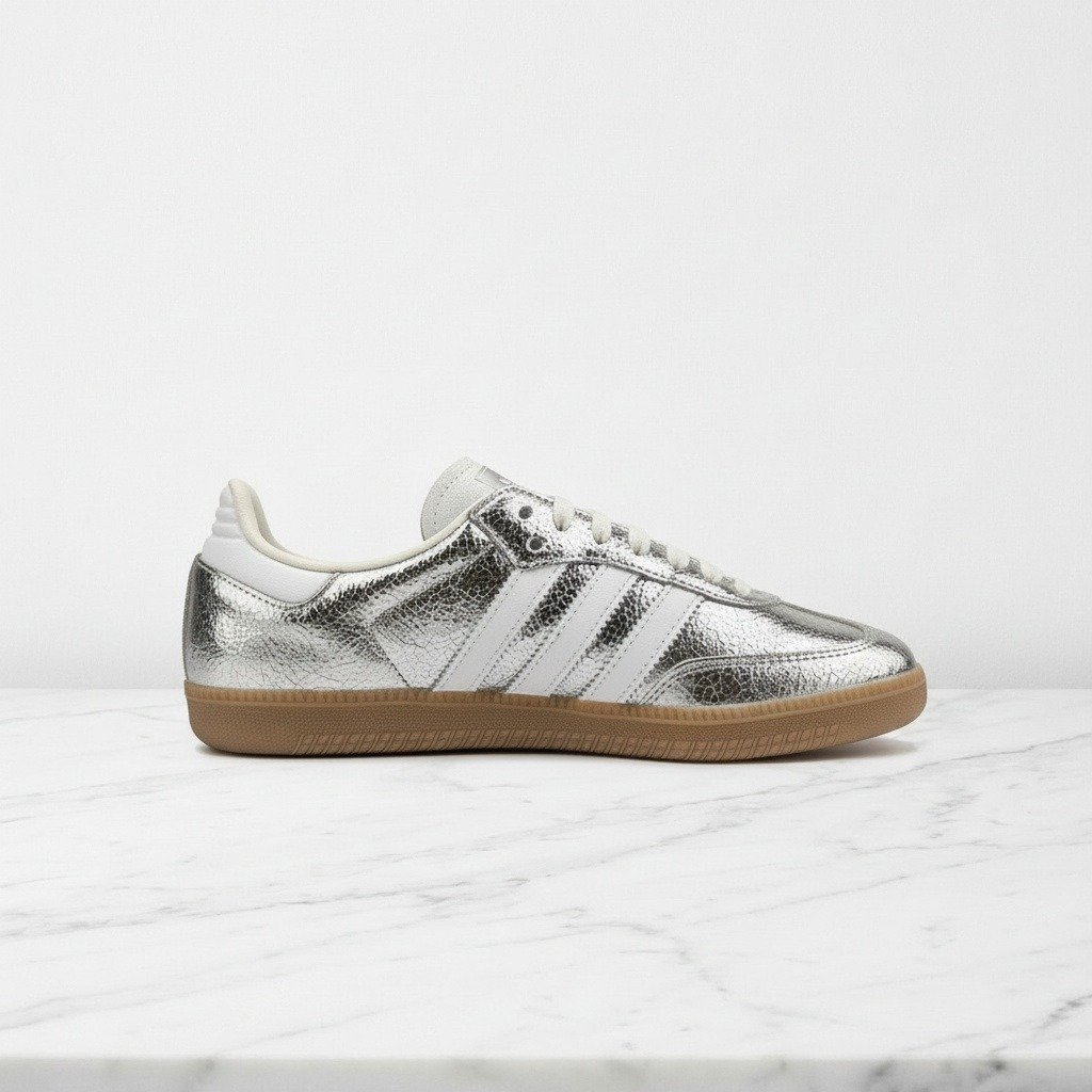 Srebrne sneakersy Adidas Samba OG damskie, na co dzień, skóra z efektem pęknięć, wygodne sznurowane, JR0035