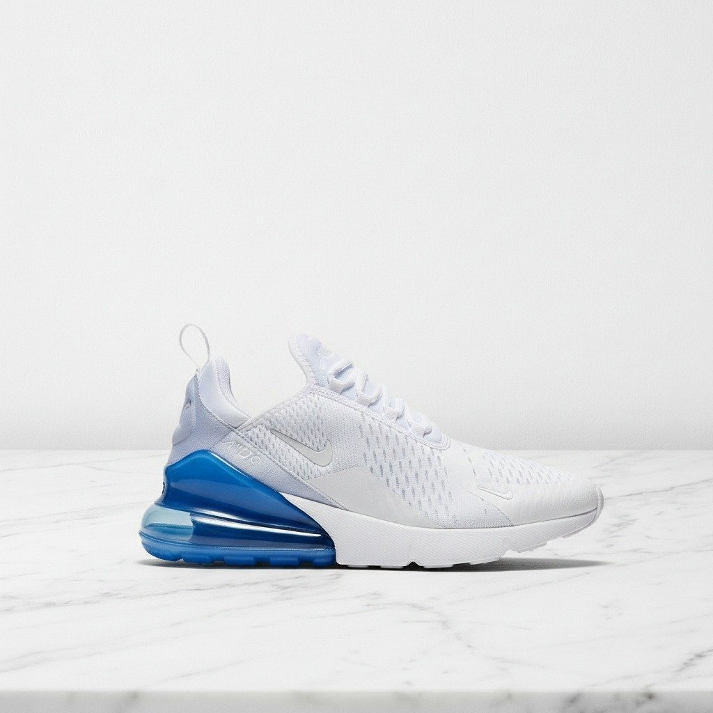 Buty Nike Air Max 270 White Pack Photo Blue dla Ciebie na co dzień, wygodna neoprenowa skarpeta, unisex, biało niebieskie AH8050-105