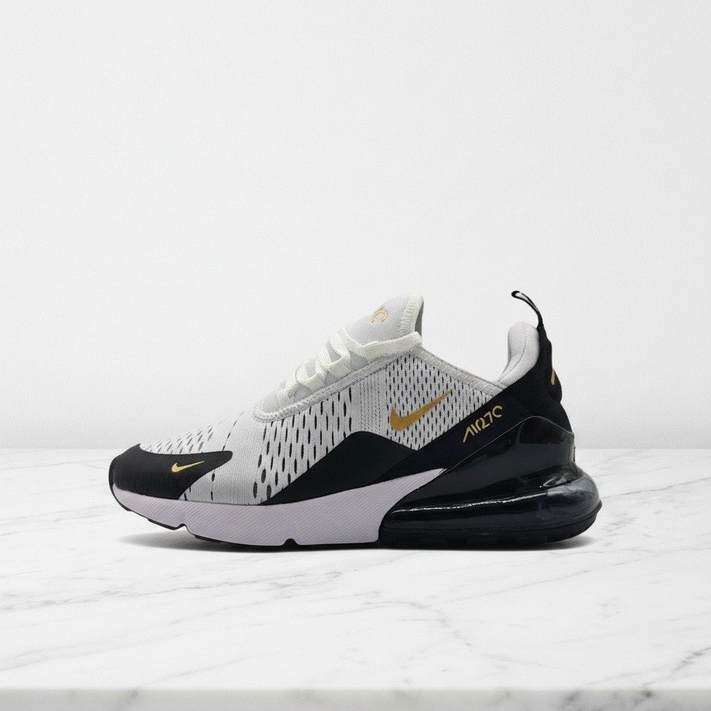 Nike Air Max 270, wygodne sneakersy unisex na co dzień, biel z czernią i złotymi akcentami, AV7892-100