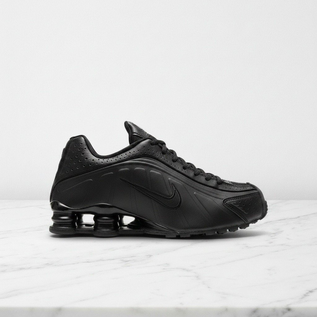 Nike Shox R4 na co dzień, czarne buty unisex z pomarańczowym akcentem, wygodna amortyzacja w pięcie, AR3565-004