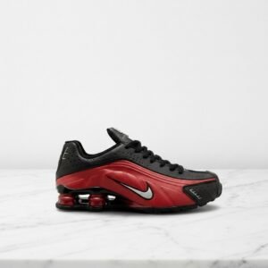 Nike Shox R4 na co dzień, czarno-czerwone sneakersy unisex, wygodna amortyzacja Shox, oddychająca siatka, pasują do wielu stylizacji AR3565-009
