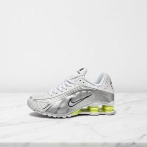 Nike Shox R4 White Metallic Silver Volt na co dzień, wygodne sneakersy unisex, biało-srebrne z żółtym akcentem Volt AR3565-102