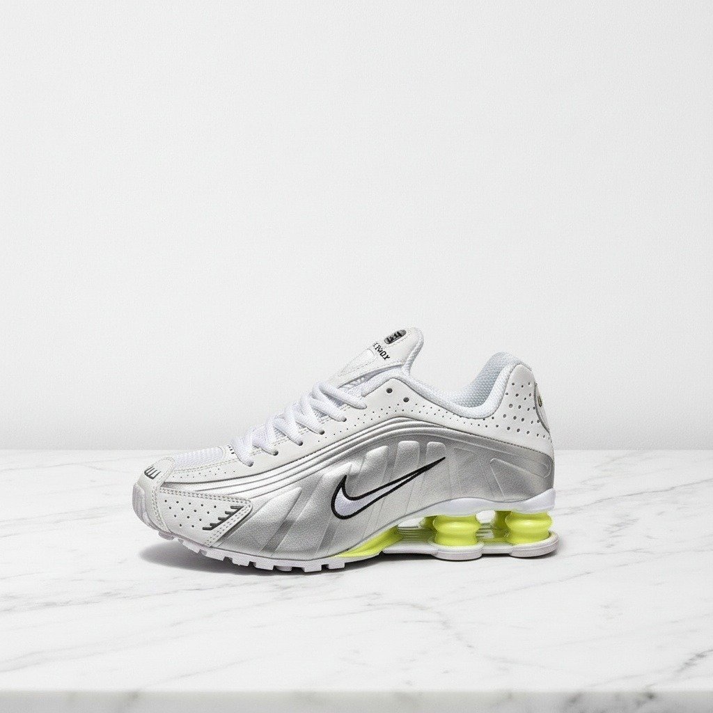 Nike Shox R4 White Metallic Silver Volt na co dzień, wygodne sneakersy unisex, biało-srebrne z żółtym akcentem Volt AR3565-102