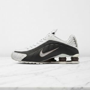 Buty Nike Shox R4 dla niego i dla niej, biało czarne, wygodne na cały dzień, skóra i syntetyk, AR3565-104