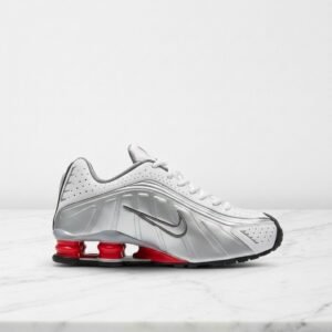 Buty Nike Shox R4 Comet Red na co dzień, unisex, wygodna skórzana cholewka, srebrno biały kolor, sprężyny w pięcie BV1111-100