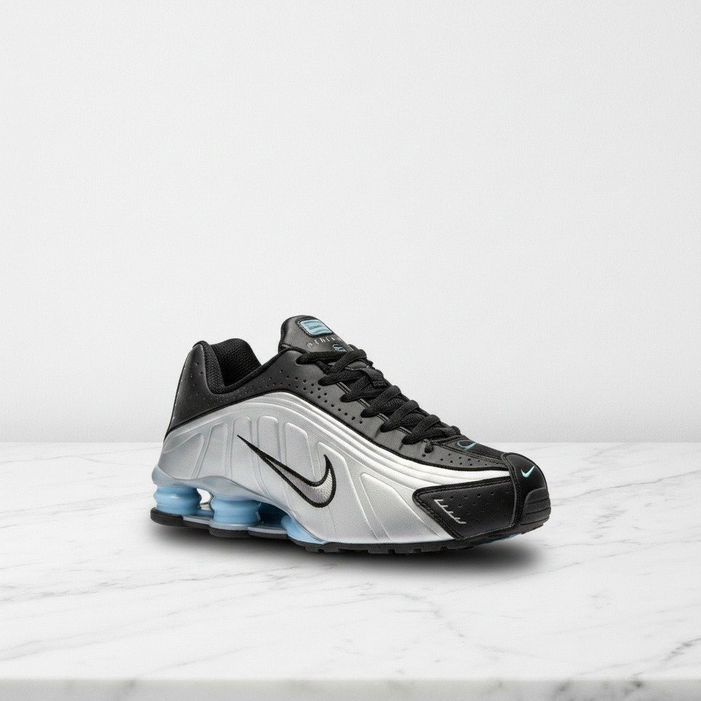 Buty Nike Shox R4 na co dzień, czarno srebrne, wygodna amortyzacja w pięcie, unisex, HQ1988-004
