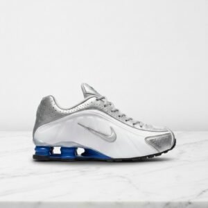 Nike Shox R4 Metallic Silver Deep Royal Blue, wygodne sneakersy unisex na co dzień, srebrno białe, skóra i syntetyk HQ1988-102