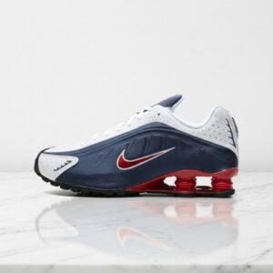 Nike Shox R4 USA 2025 na co dzień, sneakersy unisex w kolorze granatowo-białym, wygodna amortyzacja Shox, HQ1988-400
