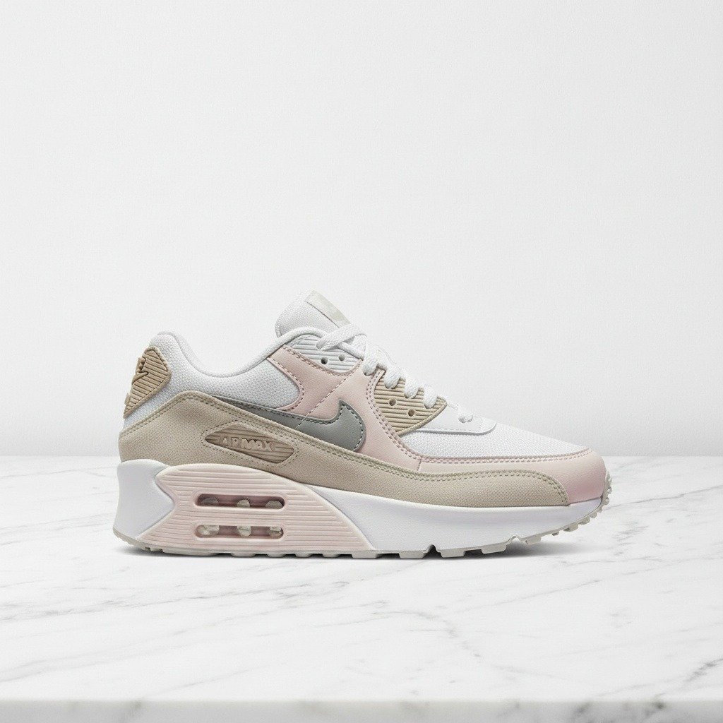 Damskie buty Nike Air Max 90 LV8 Pink Photon Dust, wygodne sneakersy na co dzień, biel i róż, skóra zamsz materiał, FD4328-104