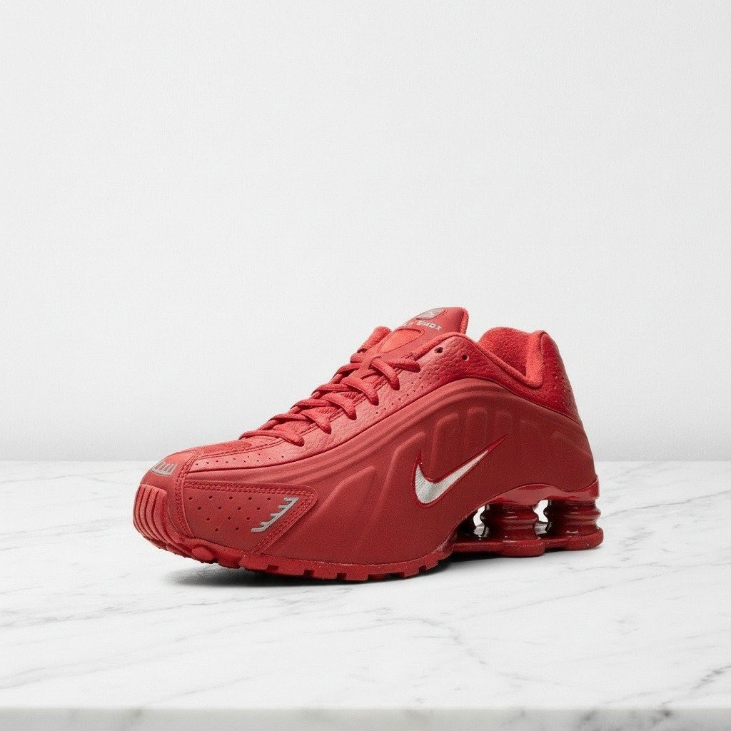 Nike Shox R4 Red White, wygodne sneakersy unisex na co dzień, czerwono-białe z refleksami, miękka pluszowa wyściółka IQ0608-687