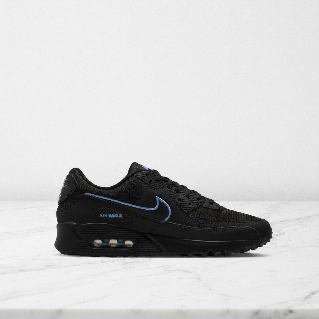 Buty Nike Air Max 90 Black University Blue na co dzień, unisex, wygodna amortyzacja pięty, czarne z niebieskim akcentem, skóra i siatka FJ4218-001