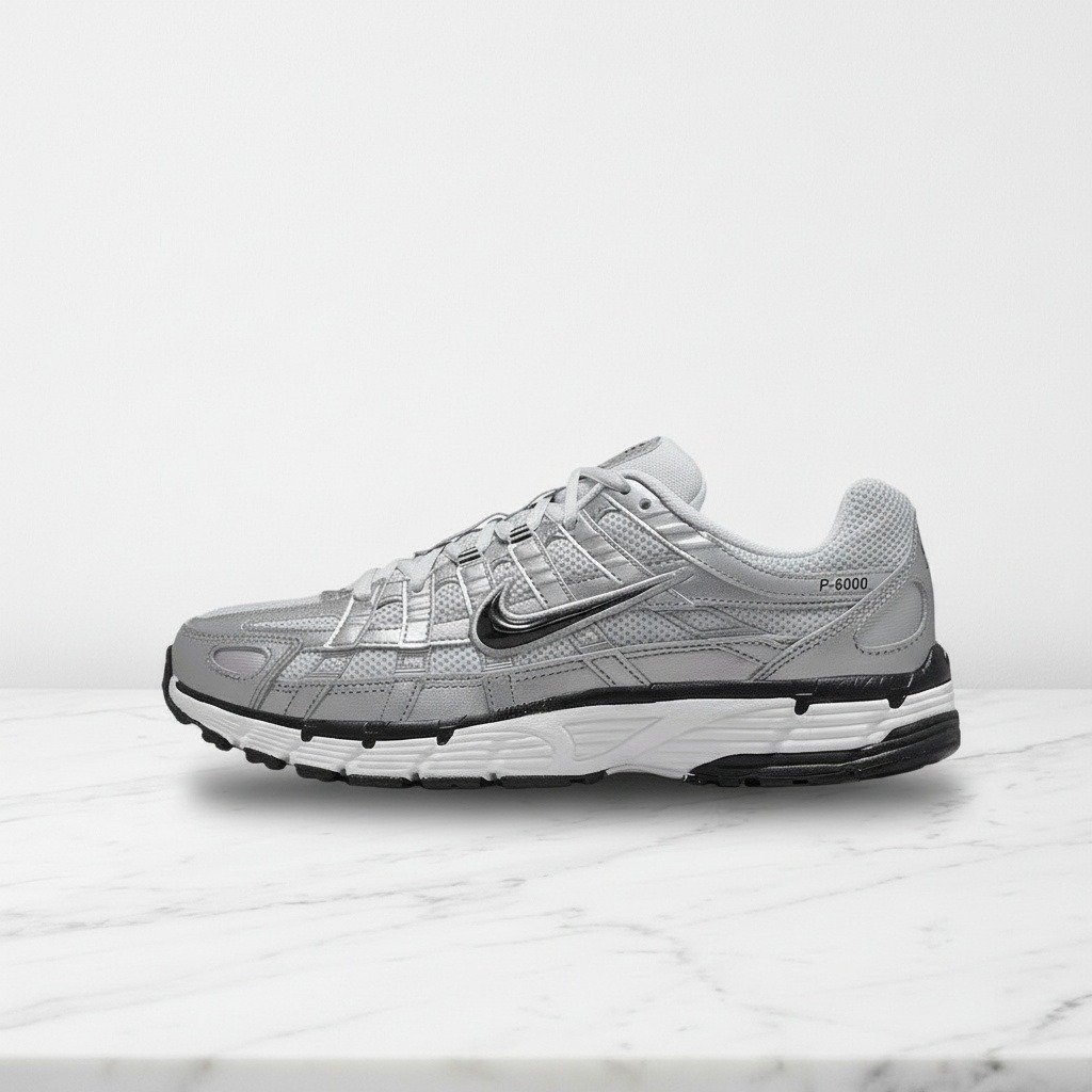 Buty Nike P-6000 na co dzień, unisex, biało srebrne z czarnym Swooshem, wygodna amortyzacja, FD9876-101