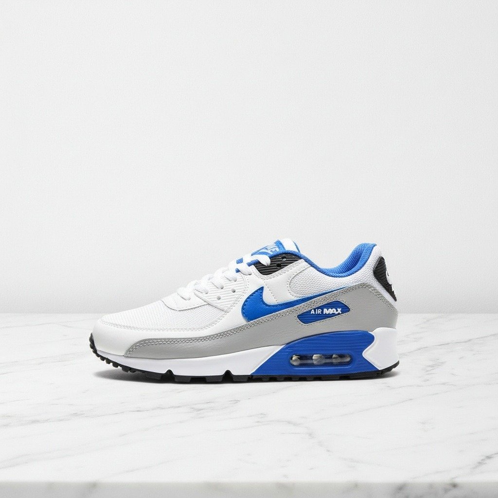 Buty Nike Air Max 90 White Particle Grey Hyper Royal na co dzień, wygodne sneakersy unisex, biało-szare, FN6843-100