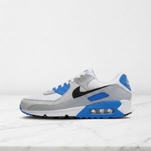 Buty Nike Air Max 90 Pure Platinum Photo Blue na co dzień, wygodne sneakersy unisex, biało-niebieskie FN6958-102