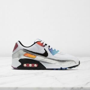 Buty Nike Air Max 90 dla niej i dla niego, biało wielokolorowe, wygodne na co dzień, siatka i skóra, DC0835-101