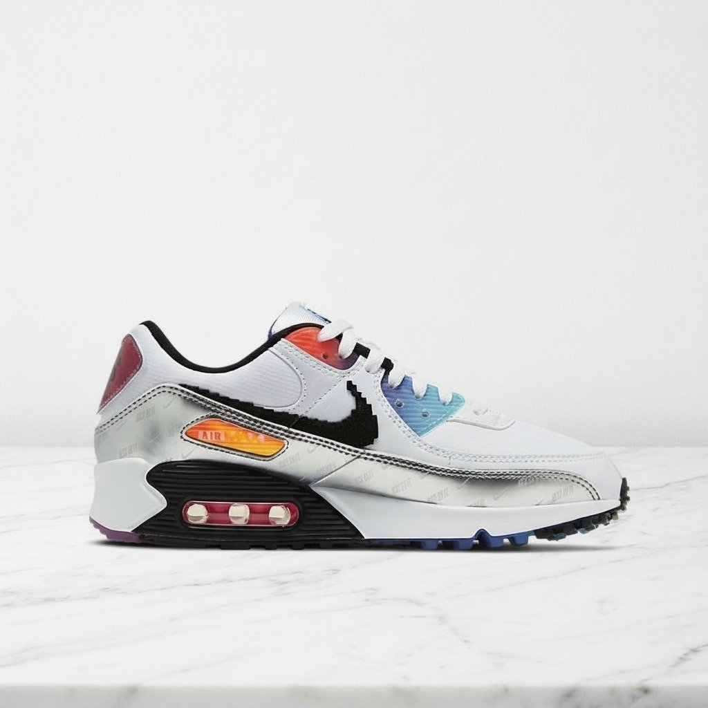 Buty Nike Air Max 90 dla niej i dla niego, biało wielokolorowe, wygodne na co dzień, siatka i skóra, DC0835-101