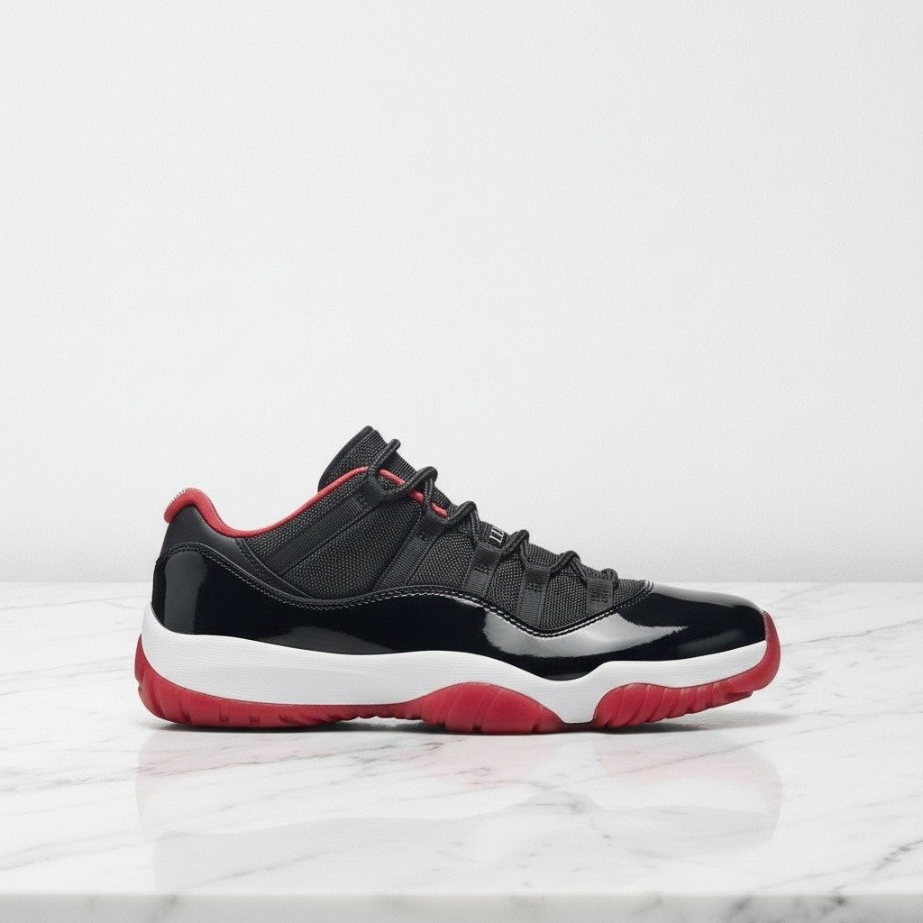 Buty Air Jordan 11 Low Bred na co dzień, czarno-czerwone, wygodne sneakersy unisex, siatka i skóra lakierowana 528895-012