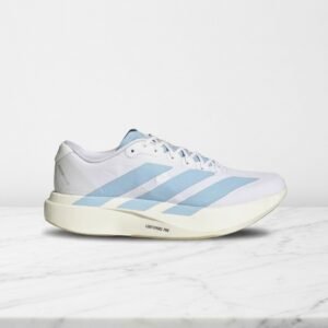 Buty Adidas Adizero Evo SL Woven na co dzień, lekkie i wygodne, biało błękitne ze złotym akcentem, unisex JQ4527