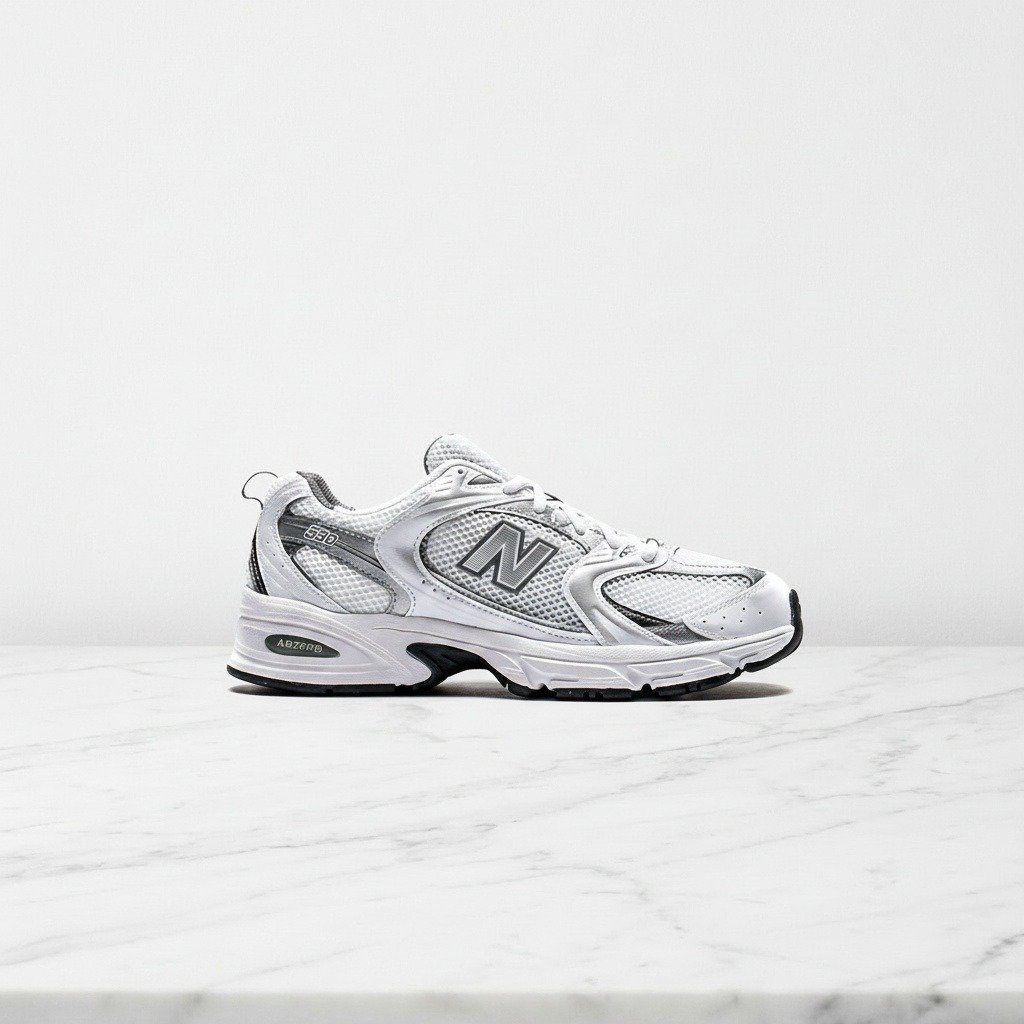 Wygodne sneakersy New Balance 530 na co dzień, białe ze srebrem, siatkowa cholewka, unisex MR530AD