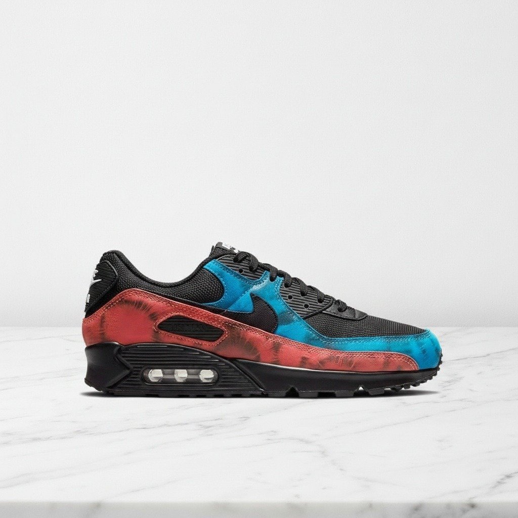 Buty na co dzień Nike Air Max 90 Laser Blue/Crimson, wygodne sneakersy unisex, skóra, tekstylny i syntetyk, niebiesko czerwone, DJ6888-001