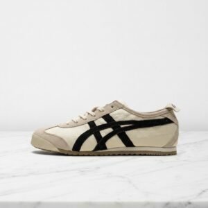 Buty Onitsuka Mexico 66 Birch Black na co dzień, unisex, wygodna skóra i zamsz, beżowo-czarne z paskami tygrysimi, 1183B391-200
