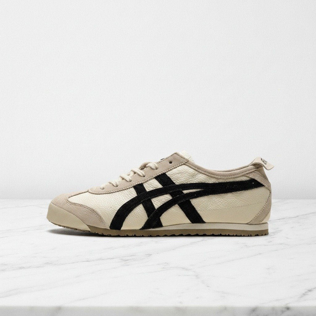 Buty Onitsuka Mexico 66 Birch Black na co dzień, unisex, wygodna skóra i zamsz, beżowo-czarne z paskami tygrysimi, 1183B391-200