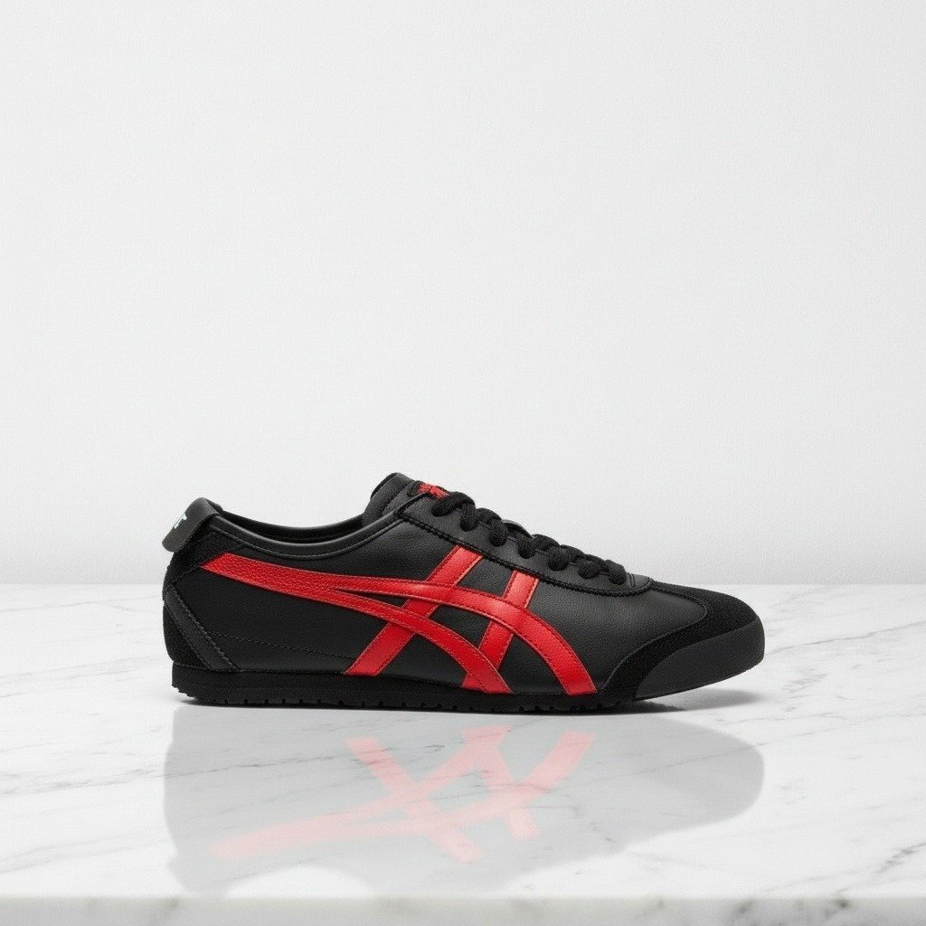 Buty damskie Onitsuka Mexico 66 Black/Classic Red na co dzień, wygodne sneakersy czarno czerwone, skóra 1183C102-004