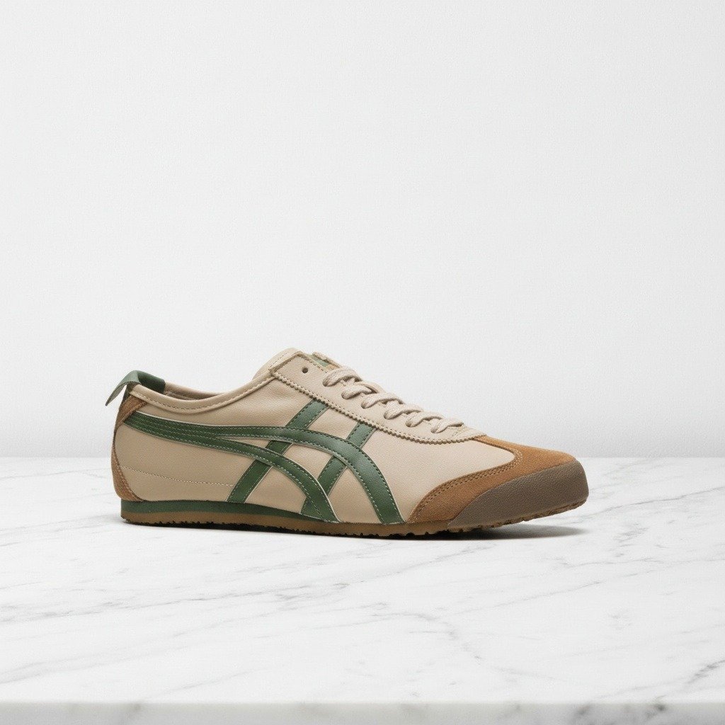 Wygodne sneakersy Onitsuka Mexico 66 Brown Green dla niego i dla niej, skóra i zamsz, beż z zielenią, na co dzień DL408-1785