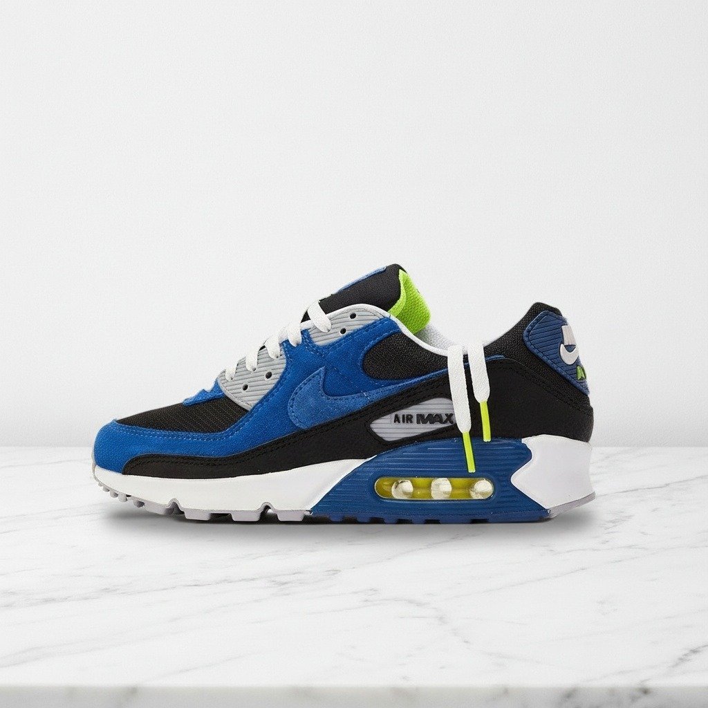 Buty Nike Air Max 90 Atlantic Volt na co dzień, unisex, wygodna amortyzacja Max Air, niebieskie z czarnym, zamsz i siatka DM0029-001