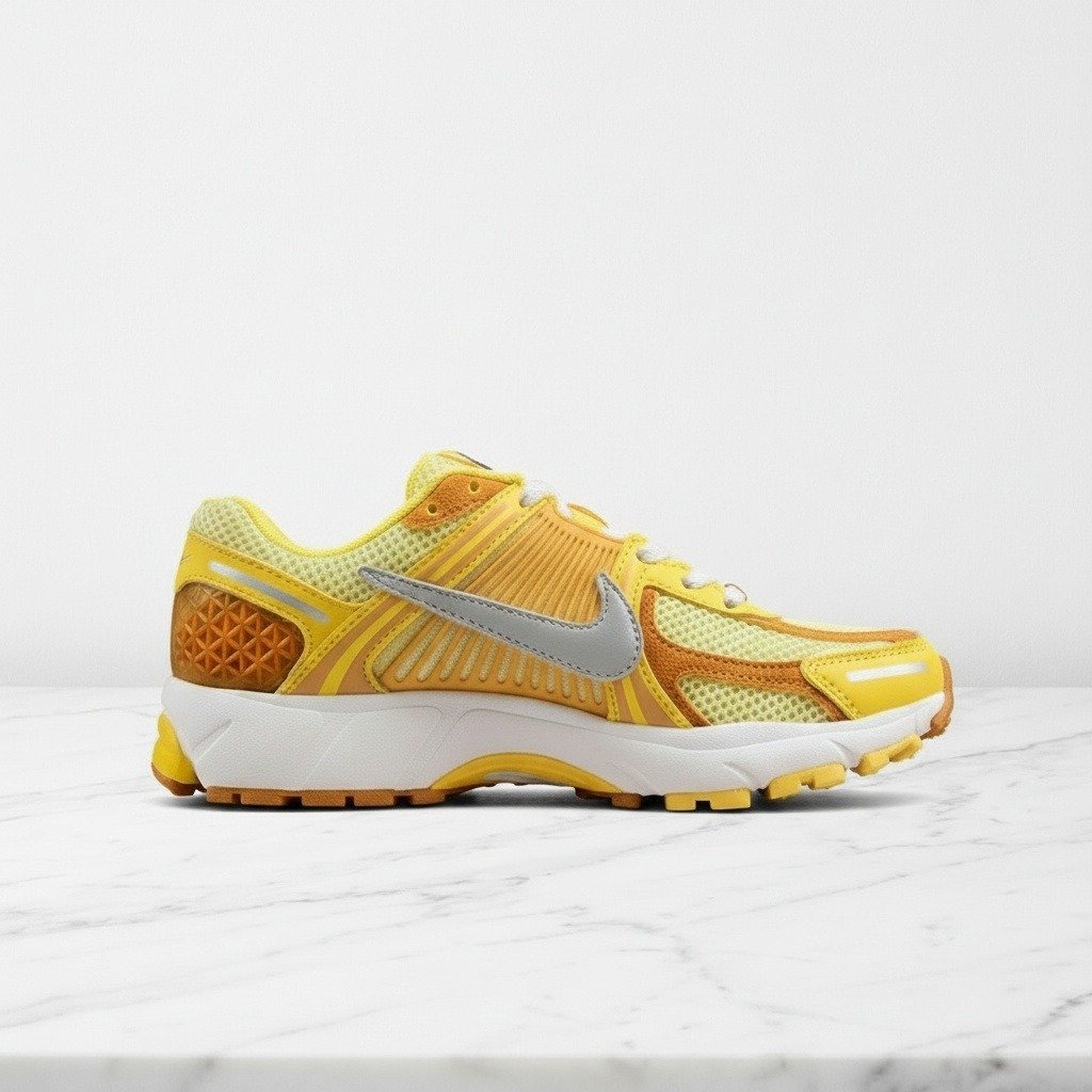 Nike Zoom Vomero 5 na co dzień, wygodne sneakersy unisex, żółto pomarańczowe z srebrnym swooshem, oddychająca siatka FJ4453-765