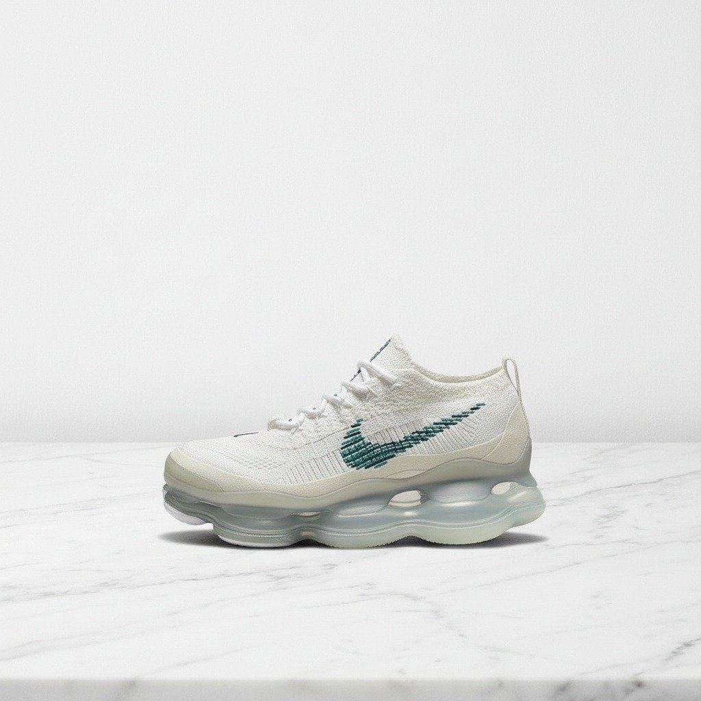 Białe sneakersy Nike Air Max Scorpion Flyknit z turkusem, wygodne na cały dzień, unisex, chenille, DJ4701-100