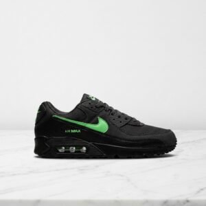 Buty Nike Air Max 90 Black Green Strike na co dzień, unisex, wygodne sneakersy z siatki i zamszu, czarne z zielonymi akcentami DM0029-015