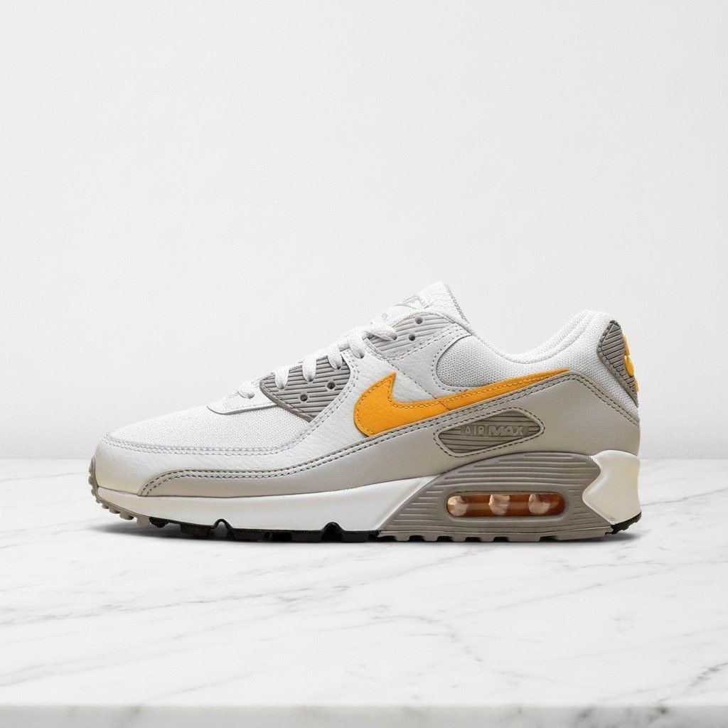 Buty Nike Air Max 90 White Laser Orange na co dzień, unisex, wygodna siatkowa cholewka, biało-szare z pomarańczem, DM0029-119