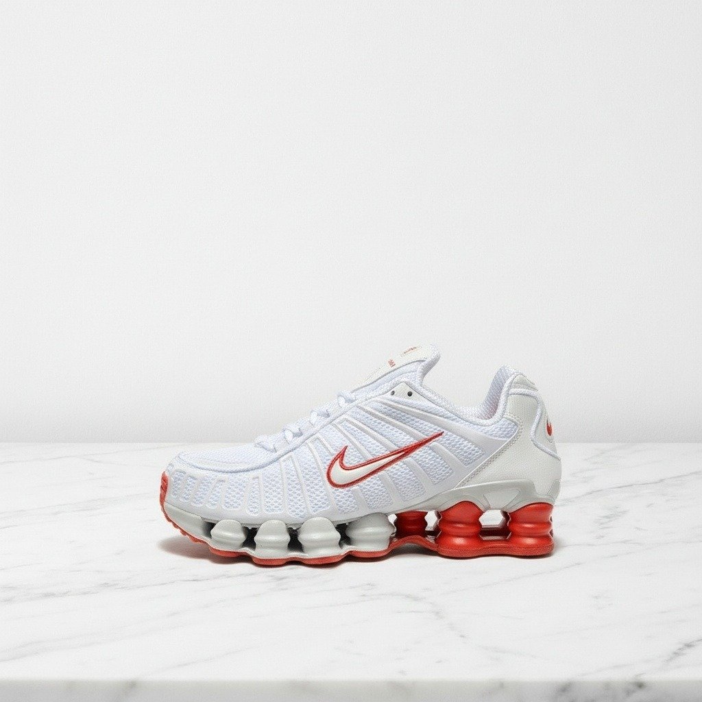 Buty męskie Nike Shox TL, biało-czerwone, wygodne na co dzień, siatkowa cholewka FZ4344-001