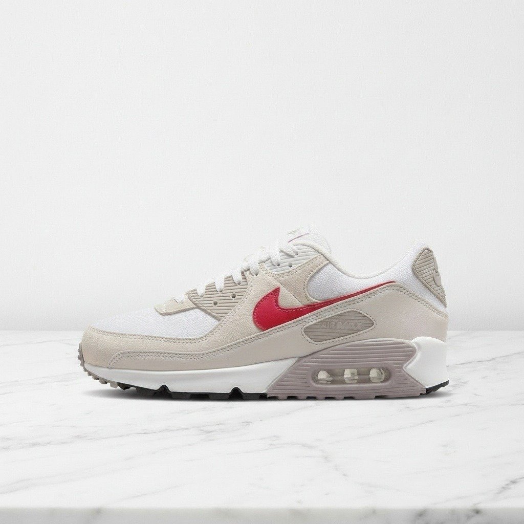 Nike Air Max 90 na co dzień, biało-szare z czerwonym akcentem, wygodne sneakersy unisex, świetne do wielu stylizacji DM0029-113