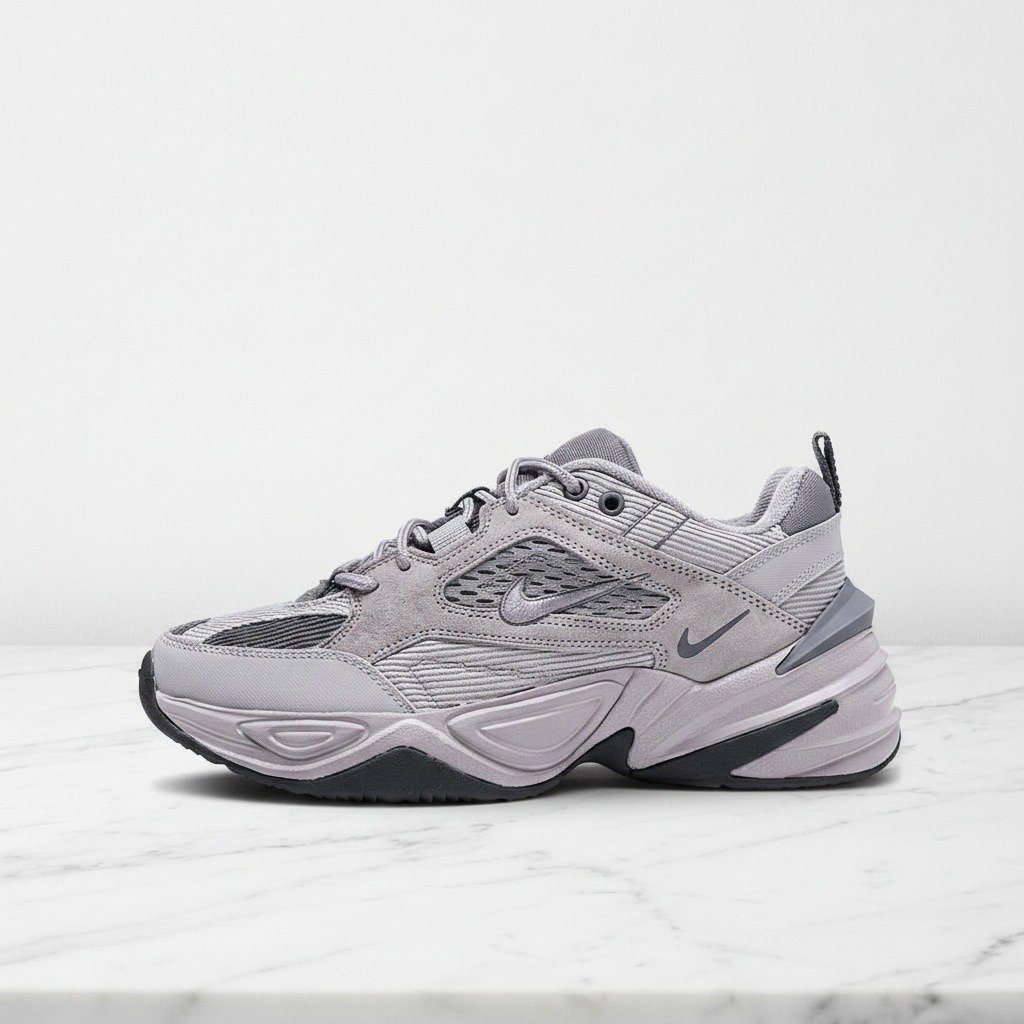 Buty Nike M2K Tekno Atmosphere Grey na co dzień, unisex, wygodne, szaro-beżowe, zamsz i siatka, chunky podeszwa BV0074-001