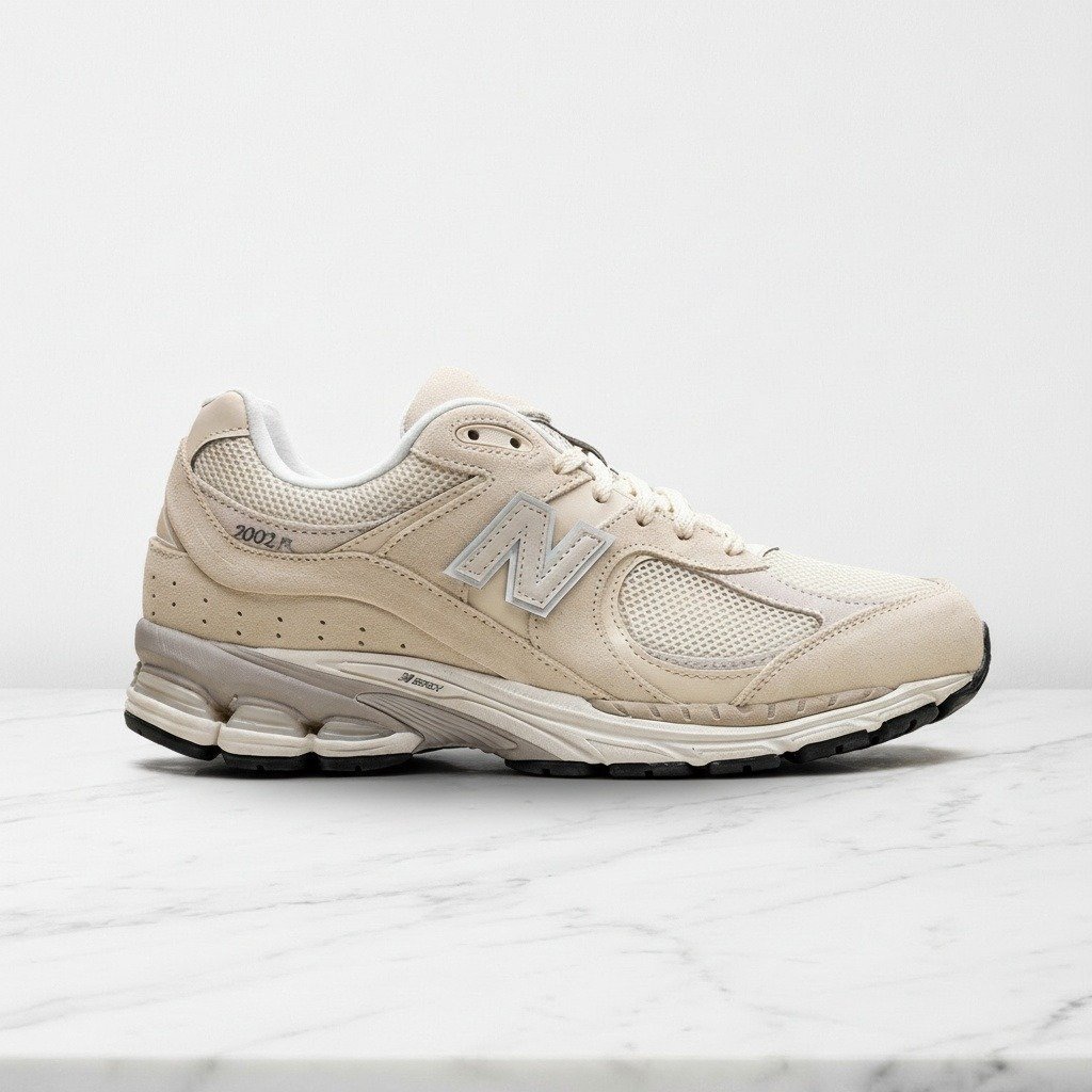 Sneakersy New Balance 2002R Beige, wygodne buty unisex na co dzień, beżowy zamsz i siatka, amortyzacja pięty, M2002RFI